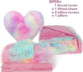 img 3 attached to 🌈 Soft Velvet Shaggy Duvet Cover Queen, Fluffy Faux Fur Bedding Set 5 PCS (1 Fitted Sheet + 1 Plush Duvet Cover + 2 Pillow Covers + 1 Pillow), Rainbow-Colored Fuzzy Comforter Cover Set