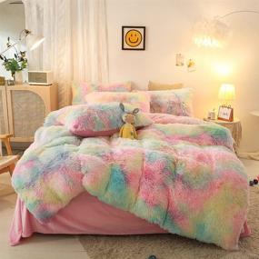 img 2 attached to 🌈 Soft Velvet Shaggy Duvet Cover Queen, Fluffy Faux Fur Bedding Set 5 PCS (1 Fitted Sheet + 1 Plush Duvet Cover + 2 Pillow Covers + 1 Pillow), Rainbow-Colored Fuzzy Comforter Cover Set