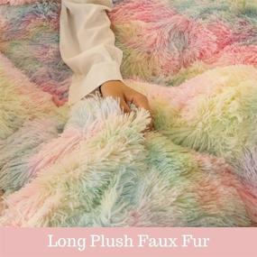 img 1 attached to 🌈 Soft Velvet Shaggy Duvet Cover Queen, Fluffy Faux Fur Bedding Set 5 PCS (1 Fitted Sheet + 1 Plush Duvet Cover + 2 Pillow Covers + 1 Pillow), Rainbow-Colored Fuzzy Comforter Cover Set