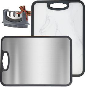 img 4 attached to 🔪 INRLKIT Double-sided Stainless Steel Cutting Boards: Knife Sharpener & Leak-proof Design - Ideal for Meat, Vegetables, Fruits, and More!