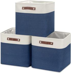 img 4 attached to HNZIGE Fabric Storage Baskets (3 Pack) - Large Collapsible Bins for Shelf Organization - 📦 13x13 Storage Cubes with Leather Handle for Kids, Home, Clothing, and Toys - White and Blue