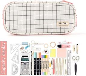img 3 attached to CICIMELON Plaid White Pencil Case - Large Capacity Canvas Pencil Bag for Students, Office, and Business