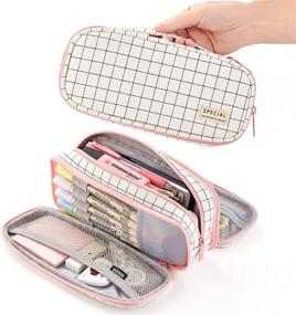 img 4 attached to CICIMELON Plaid White Pencil Case - Large Capacity Canvas Pencil Bag for Students, Office, and Business