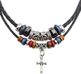 img 4 attached to 📿 Bohemian Double Layered Tribal Necklace: Braided Leather Vintage Style with Cross Pendant