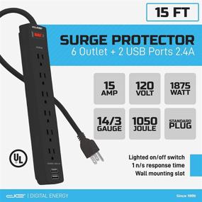 img 1 attached to 💡 Black UL Listed Surge Protector Power Strip with 6 Outlets + 2 USB, 1050 Joule Rating, 15-Ft Long Extension Cord, Digital Energy