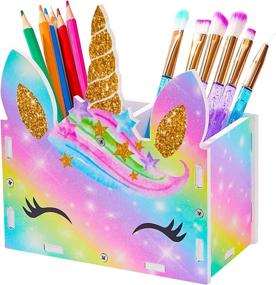 img 4 attached to 🌈 MHJY Rainbow Unicorn Pencil Holder Organizer Makeup Brush Holders, 2-Slot Cosmetic Pen Desktop Stationery Organizer for Office, Classroom, and Home