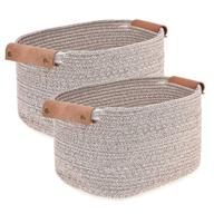 labcosi cotton woven rope storage basket with leather handles - 2-pack, brown - ideal for nursery, living room, closet, and shelves - 14'' x 11'' x 8'' logo