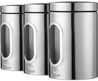 jennimer 3pc kitchen canisters set - stainless steel food, sugar, coffee, tea, candy storage jars with transparent windows - silver logo