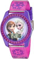 ⌚ disney's frozen kids' digital watch with elsa and anna, purple casing, pink strap, easy buckle, safe for children - model: fzn3598 logo