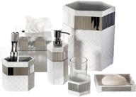 creative scents quilted mirror 6 piece bathroom accessories set: soap dispenser, toothbrush holder, tumbler, soap dish, tissue cover, wastebasket in elegant white logo