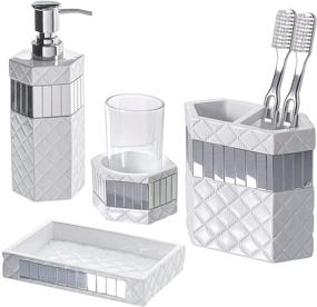 img 1 attached to Creative Scents Quilted Mirror 6 Piece Bathroom Accessories Set: Soap Dispenser, Toothbrush Holder, Tumbler, Soap Dish, Tissue Cover, Wastebasket in Elegant White