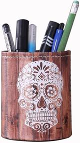 img 4 attached to 🎃 LINKWELL Vintage Halloween Wooden Slat Sugar Skull Faux Leather Pencil Pen Holder Desk Organizer PH03