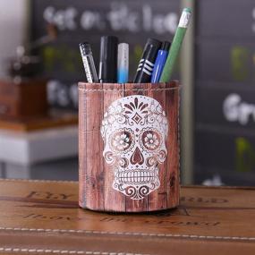 img 2 attached to 🎃 LINKWELL Vintage Halloween Wooden Slat Sugar Skull Faux Leather Pencil Pen Holder Desk Organizer PH03