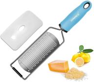 🍋 raniaco large-blue stainless steel lemon zester & citrus grater - flat kitchen graters ideal for cheese, lemon, garlic, chocolate - includes soft protective cover, rubber base, and long handheld design логотип