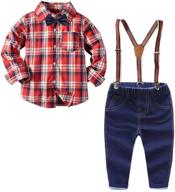 baby boys formal jean set: button down plaid shirt with long sleeves, suspender denim pants, and bow tie - kids outfit logo