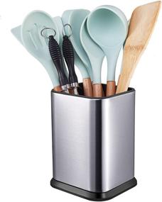 img 4 attached to Stainless Steel Countertop Kitchen Utensil Holder - Large Organizer for Spatulas, Spoons, 🔪 and More! Modern Rectangular Design with Weighted Base for Convenient Storage on Kitchen Counter