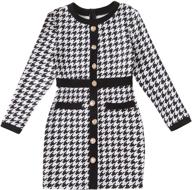 👗 wdirara girl's houndstooth bodycon dress: stylish round neck, button front, & long sleeves logo