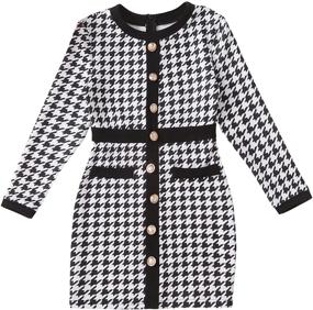 img 4 attached to 👗 WDIRARA Girl's Houndstooth Bodycon Dress: Stylish Round Neck, Button Front, & Long Sleeves