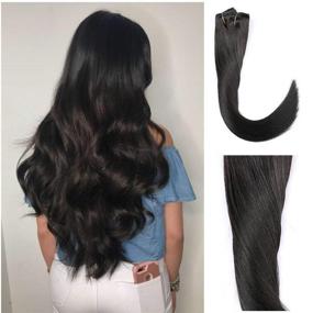 img 4 attached to 💇 Thick Double Weft Brazilian Human Hair Extensions - New Version, 140g, 8pcs/Set, Remy Hair, Silk Straight, Soft & Natural Black, Full Head Clip In (18" #1B)