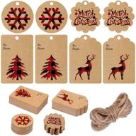 🎁 рождественские бумажные ярлыки kraft gift tags с клетчатым снежинкой, елочкой и оленем и верёвочкой – набор из 200 штук, красный и черный. логотип