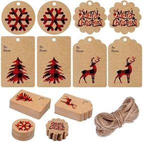img 4 attached to 🎁 Рождественские бумажные ярлыки Kraft Gift Tags с клетчатым снежинкой, елочкой и оленем и верёвочкой – набор из 200 штук, красный и черный.