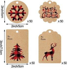 img 3 attached to 🎁 Рождественские бумажные ярлыки Kraft Gift Tags с клетчатым снежинкой, елочкой и оленем и верёвочкой – набор из 200 штук, красный и черный.