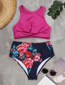 img 1 attached to 🌺 High Waisted Bikini Two Piece Swimsuit | High Neck Knotted Leaf Print Bathing Suit by Blooming Jelly