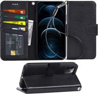 arae iphone 12 pro max wallet flip cover – black: card holder & wrist strap included! logo