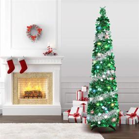 img 1 attached to 5 Feet Sequin Pop Up Christmas Tree with 40 Colorful Lights 🎄 - Collapsible Tall Skinny Pencil Tinsel Xmas Tree for Home Apartment Basement Fireplace