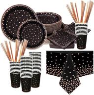 🌹 rose gold foil disposable party dinnerware set for 50 guests - includes black party supplies, paper napkins, plates, cups, straws, and plastic tablecloth. perfect for graduation, birthday gatherings, and cocktail parties logo