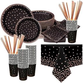 img 4 attached to 🌹 Rose Gold Foil Disposable Party Dinnerware Set for 50 Guests - Includes Black Party Supplies, Paper Napkins, Plates, Cups, Straws, and Plastic Tablecloth. Perfect for Graduation, Birthday Gatherings, and Cocktail Parties