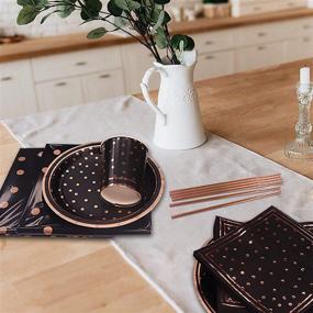 img 1 attached to 🌹 Rose Gold Foil Disposable Party Dinnerware Set for 50 Guests - Includes Black Party Supplies, Paper Napkins, Plates, Cups, Straws, and Plastic Tablecloth. Perfect for Graduation, Birthday Gatherings, and Cocktail Parties