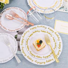 img 3 attached to 🎉 Premium Liacere 180PCS Gold Plastic Plates with Disposable Gold Plastic Silverware &amp; Happy Birthday Cups - Heavy Duty Service Pack for 30 Guests at Birthday Parties