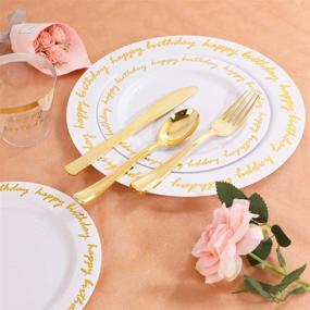 img 1 attached to 🎉 Premium Liacere 180PCS Gold Plastic Plates with Disposable Gold Plastic Silverware &amp; Happy Birthday Cups - Heavy Duty Service Pack for 30 Guests at Birthday Parties
