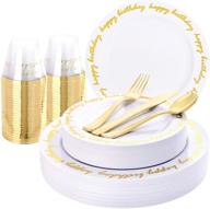 🎉 premium liacere 180pcs gold plastic plates with disposable gold plastic silverware &amp; happy birthday cups - heavy duty service pack for 30 guests at birthday parties logo