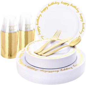 img 4 attached to 🎉 Premium Liacere 180PCS Gold Plastic Plates with Disposable Gold Plastic Silverware &amp; Happy Birthday Cups - Heavy Duty Service Pack for 30 Guests at Birthday Parties