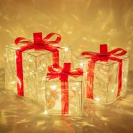 🎁 set of 3 christmas 60 led lighted gift boxes with transparent warm white lights, festive christmas box decorations with red bows for tree, yard, home, holiday decor логотип