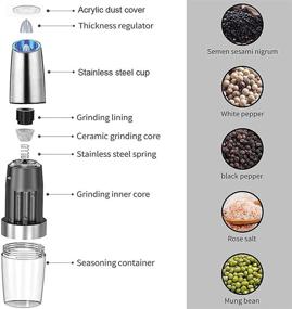 img 1 attached to Gravity Electric Pepper and Salt Grinder Set: Adjustable Coarseness, LED Light, One Hand Operation - Stainless Steel, 2 Pack (Silver)