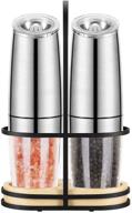 gravity electric pepper and salt grinder set: adjustable coarseness, led light, one hand operation - stainless steel, 2 pack (silver) logo