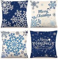 наволочки для подушек на рождество cdwerd blue navy, 18x18, набор из 💙 4 шт. с синим узором снежинок и надписью "с рождеством", из льняного материала, декоративные наволочки для рождественского украшения логотип