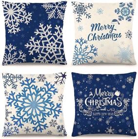 img 4 attached to CDWERD Blue Navy Christmas Pillow Covers 18x18 Set of 💙 4 Snowflake Merry Christmas Pillow Cases Linen Decorative Pillowcases for Christmas Decorations