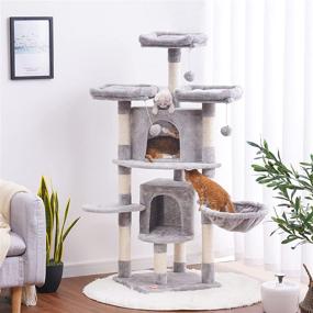 img 3 attached to 🐱 Heybly HCT021W: Multi-Level 56-Inch Cat Tree Tower for Large Cats - Plush Perch, Cozy Basket, Scratching Posts and More in Light Gray