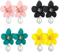 boho flower stud earrings for women and girls - daisy shaped earrings with gold bud, double metal flower dangle and drop post earrings - set of 4 logo