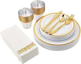 img 4 attached to 175PCS Gold Disposable Dinnerware Sets for Party Halloween 25 Guests with 25 Dinner Plastic Plates, 25 Dessert Plates, 25 Linen-Like Gold Paper Napkins, and 25 Plastic Silverware Sets – Plastic Dinnerware Set