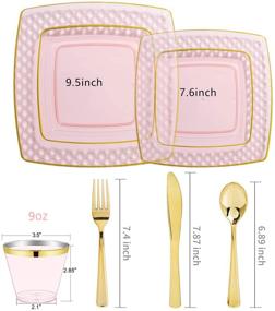 img 3 attached to 🍽️ Nervure 150PCS Pink with Gold Square Plastic Plates &amp; Gold Plastic Silverware for Elegant Weddings: 25 Dinner Plates 9.5", 25 Dessert Plates 7.6", 25 Cups 9 Oz, 25 Forks, 25 Knives, 25 Spoons