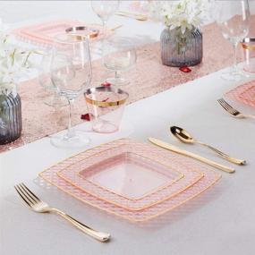 img 1 attached to 🍽️ Nervure 150PCS Pink with Gold Square Plastic Plates &amp; Gold Plastic Silverware for Elegant Weddings: 25 Dinner Plates 9.5", 25 Dessert Plates 7.6", 25 Cups 9 Oz, 25 Forks, 25 Knives, 25 Spoons