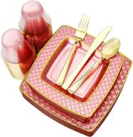 🍽️ nervure 150pcs pink with gold square plastic plates &amp; gold plastic silverware for elegant weddings: 25 dinner plates 9.5", 25 dessert plates 7.6", 25 cups 9 oz, 25 forks, 25 knives, 25 spoons logo