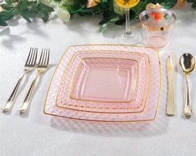 img 2 attached to 🍽️ Nervure 150PCS Pink with Gold Square Plastic Plates &amp; Gold Plastic Silverware for Elegant Weddings: 25 Dinner Plates 9.5", 25 Dessert Plates 7.6", 25 Cups 9 Oz, 25 Forks, 25 Knives, 25 Spoons