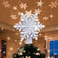 🎄 lighted snowflake tree topper with led projector - christmas decoration with rotating white snowflake and star lights, 3d glitter silver snow tree topper for holiday party decor and christmas tree ornaments logo