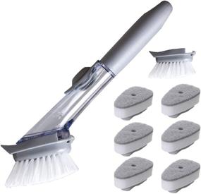 img 4 attached to Taohuakai Dish Scrub Brush with Enhanced Soap Control - 1 Dish Wands and 8 Replacement Heads - Long-lasting & Eco-friendly Kitchen Sink Cleaning Brush and Pot Pan Scrub Brush (Grey)